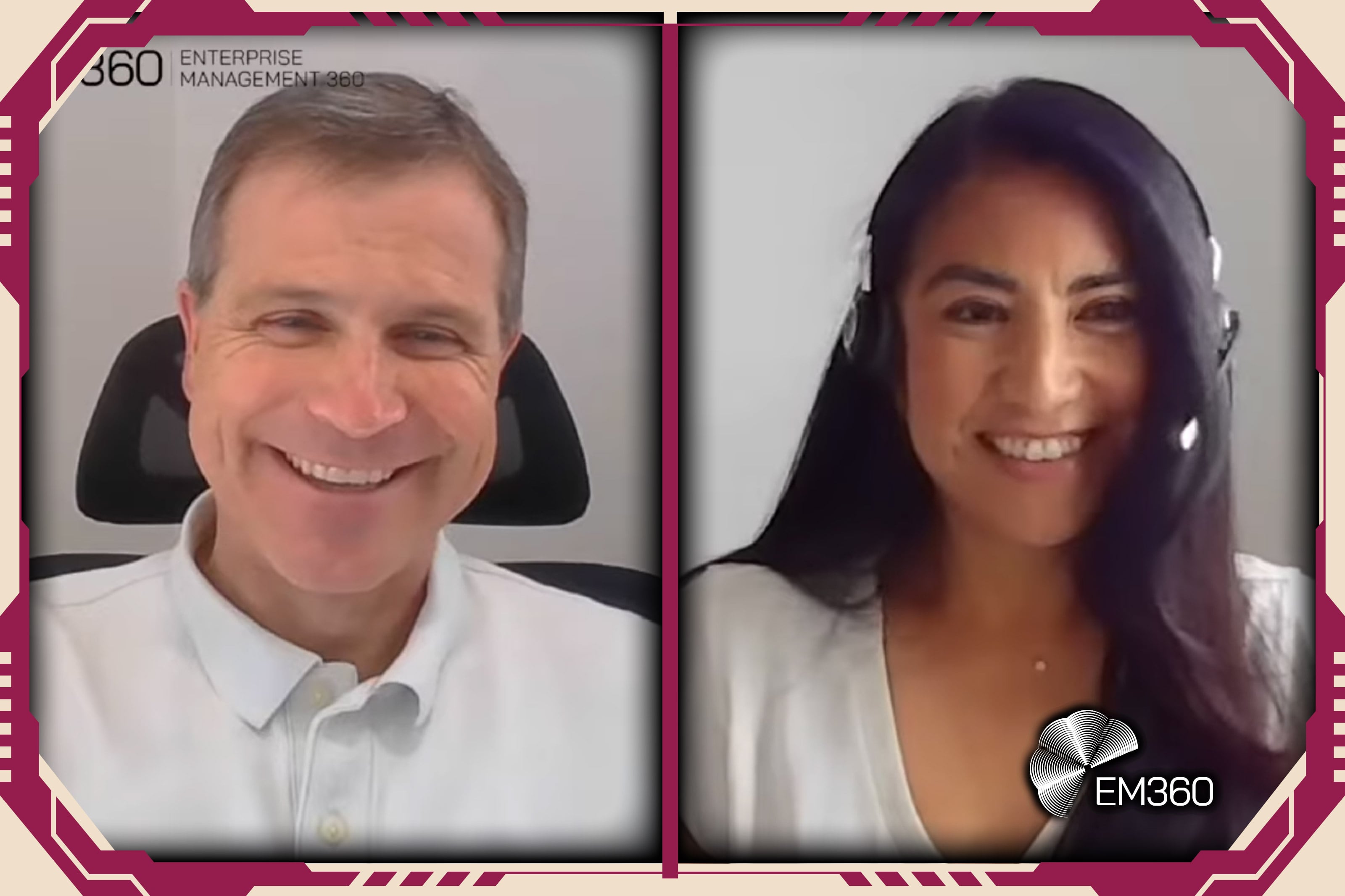 Split-screen video call showing Kevin Petrie, Vice President of Research at BARC, and Ann Maya, EMEA CTO at Boomi, smiling during a discussion on AI agents. The EM360 branding appears in the frame, indicating this is from &ldquo;The AI Agent&rsquo;s Dilemma: Autonomy vs. Control&rdquo; videocast.