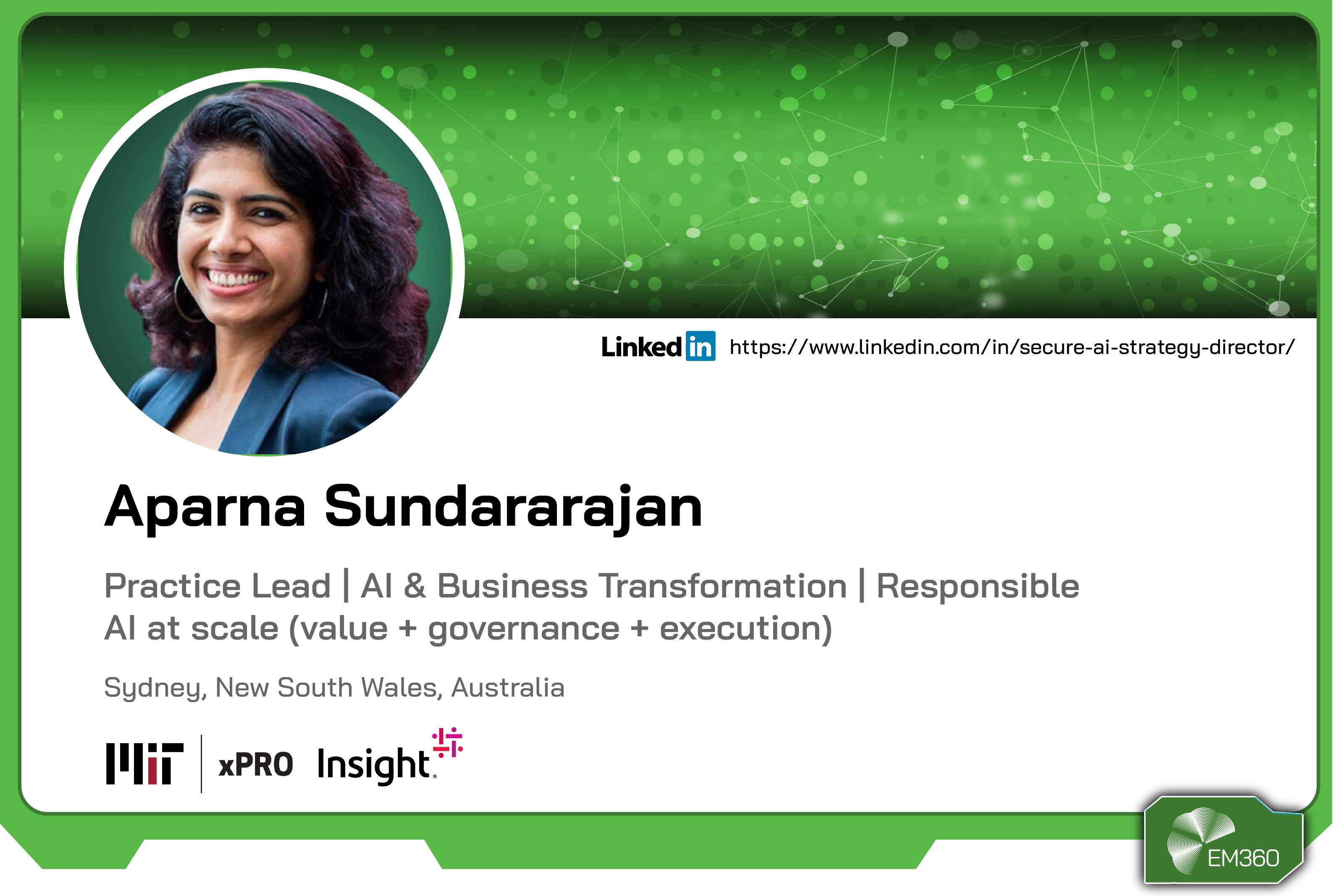 Profile card of Aparna Sundararajan, Practice Lead for AI and Business Transformation at MIT xPRO Insight, specialising in responsible AI at scale, based in Sydney, Australia.