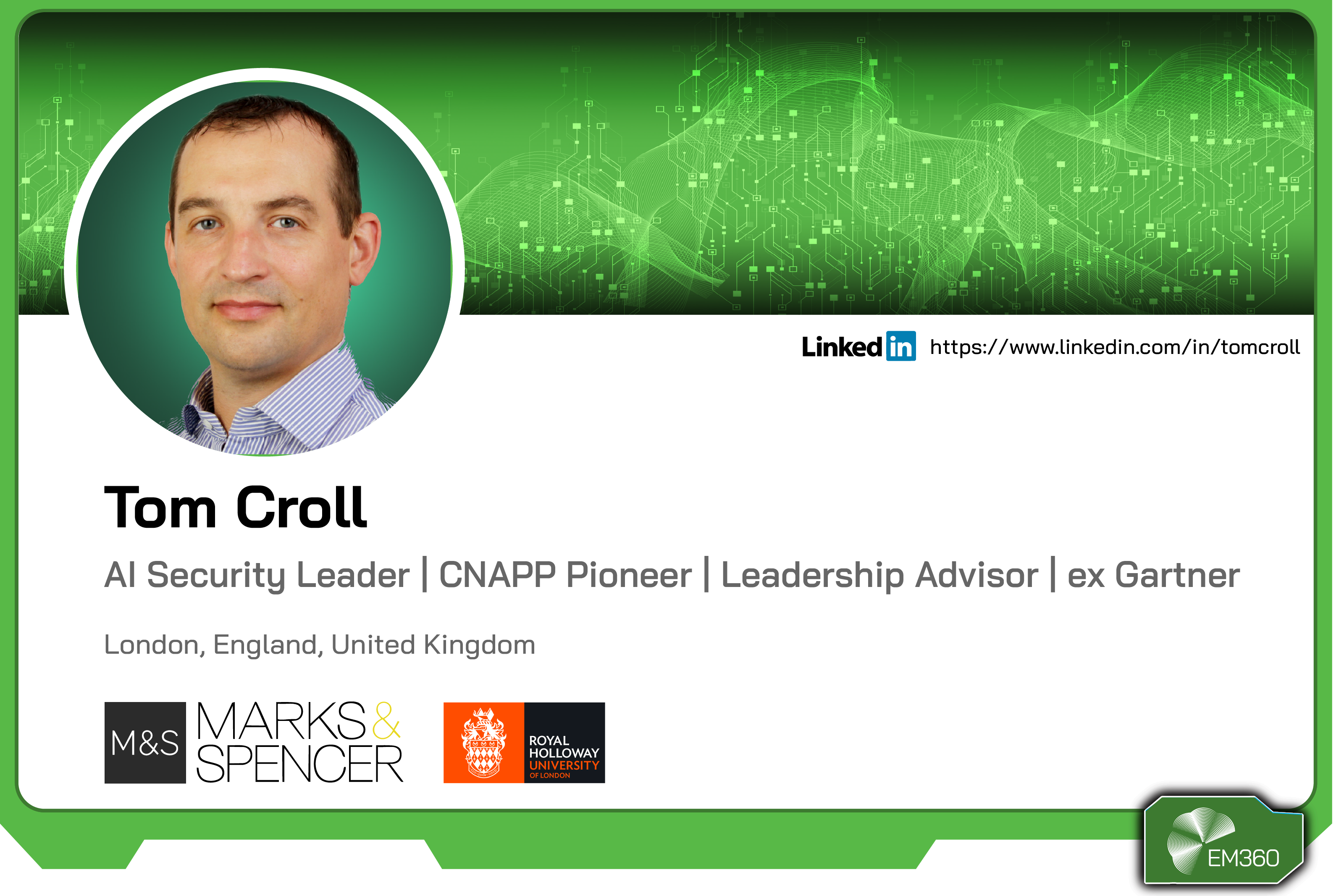 Profile card of Tom Croll, AI security leader and former Gartner analyst specialising in cloud security and CNAPP strategy, based in London, United Kingdom.