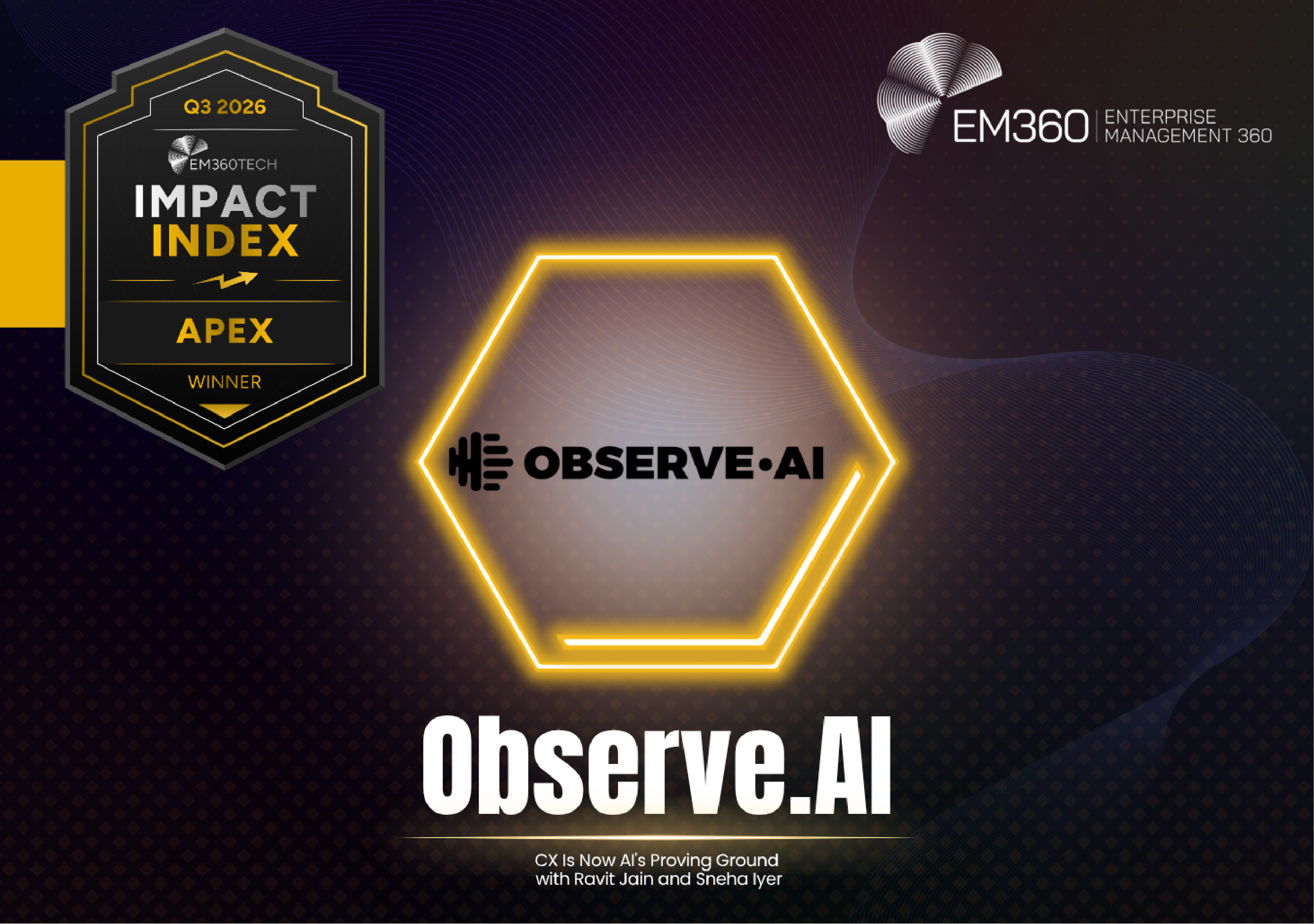 Black and dark purple background with subtle geometric patterns and curved lines. A black and gold Q3 2026 EM360Tech Impact Index Apex Winner badge sits at the top left, with the white EM360 logo at the top right. The black Observe.AI logo appears inside a glowing gold hexagon in the centre. Large white text below reads &ldquo;Observe.AI&rdquo;, followed by &ldquo;CX Is Now AI&rsquo;s Proving Ground with Ravit Jain and Sneha Iyer&rdquo;.