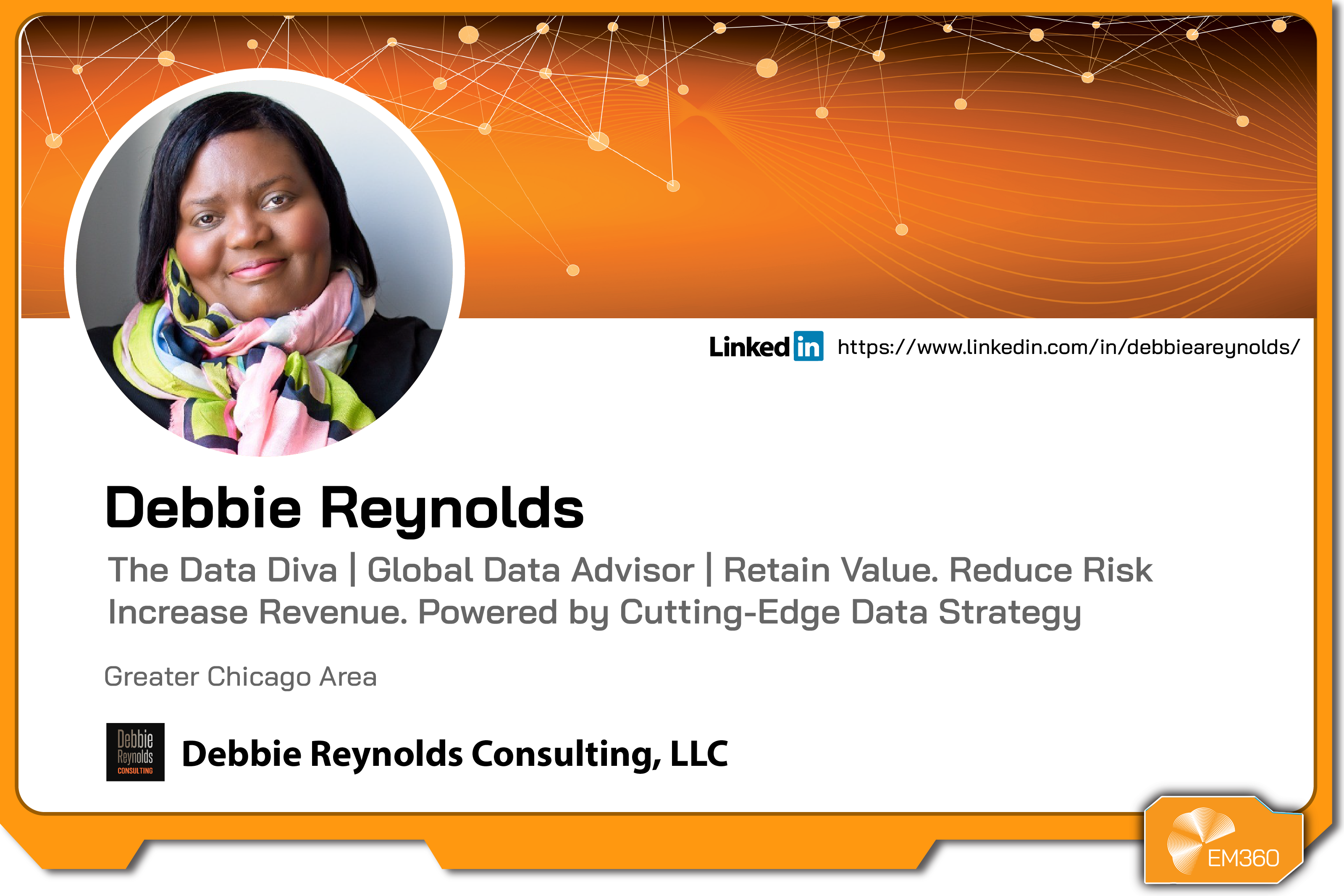 Profile graphic of Debbie Reynolds showing her headshot, name, and role as a global data advisor focused on data strategy, risk reduction, and value retention, with consulting company branding and a LinkedIn link.