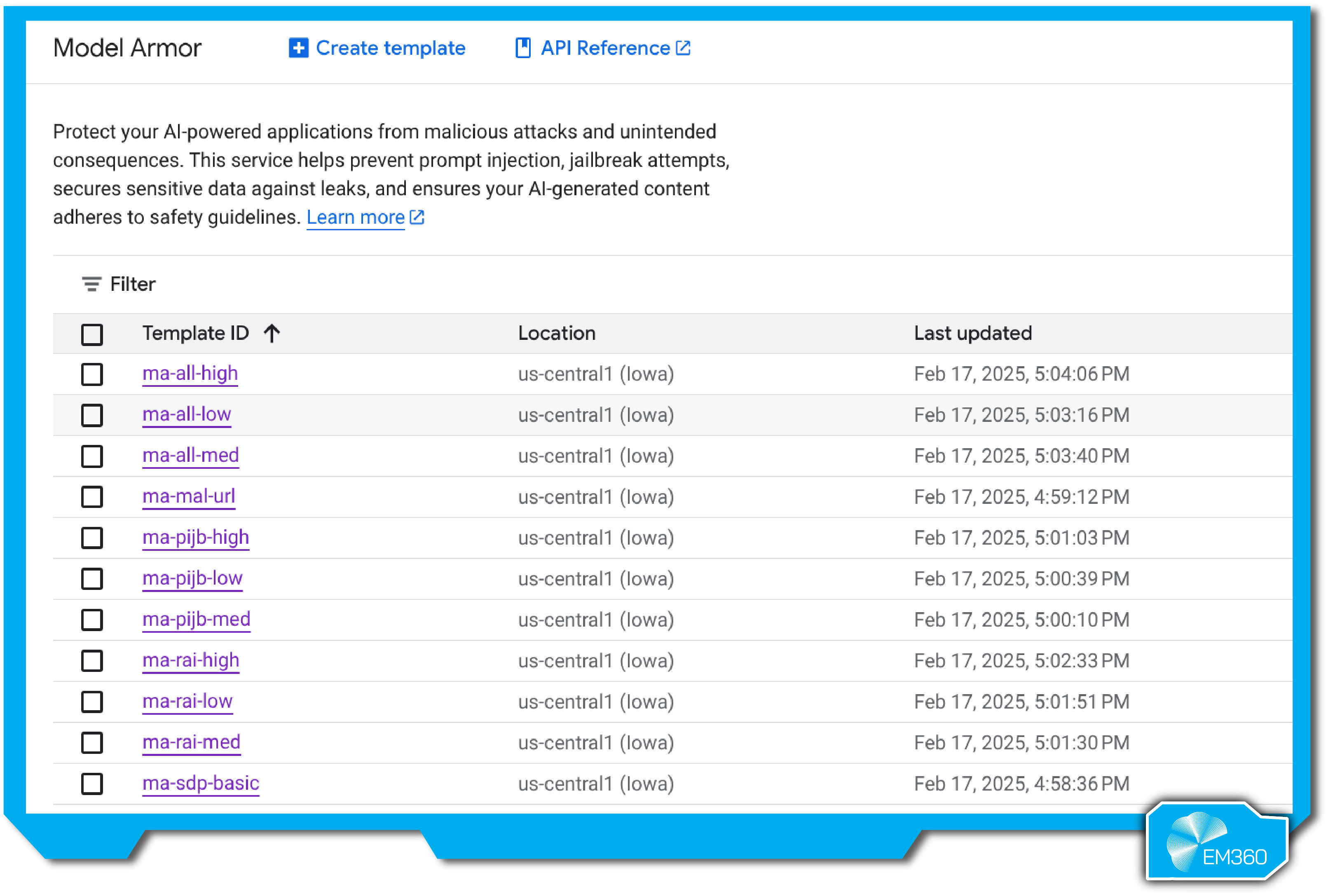 Screenshot of Google Cloud&rsquo;s Model Armor interface listing templates for different AI protection levels, including prompt injection and responsible AI filters.