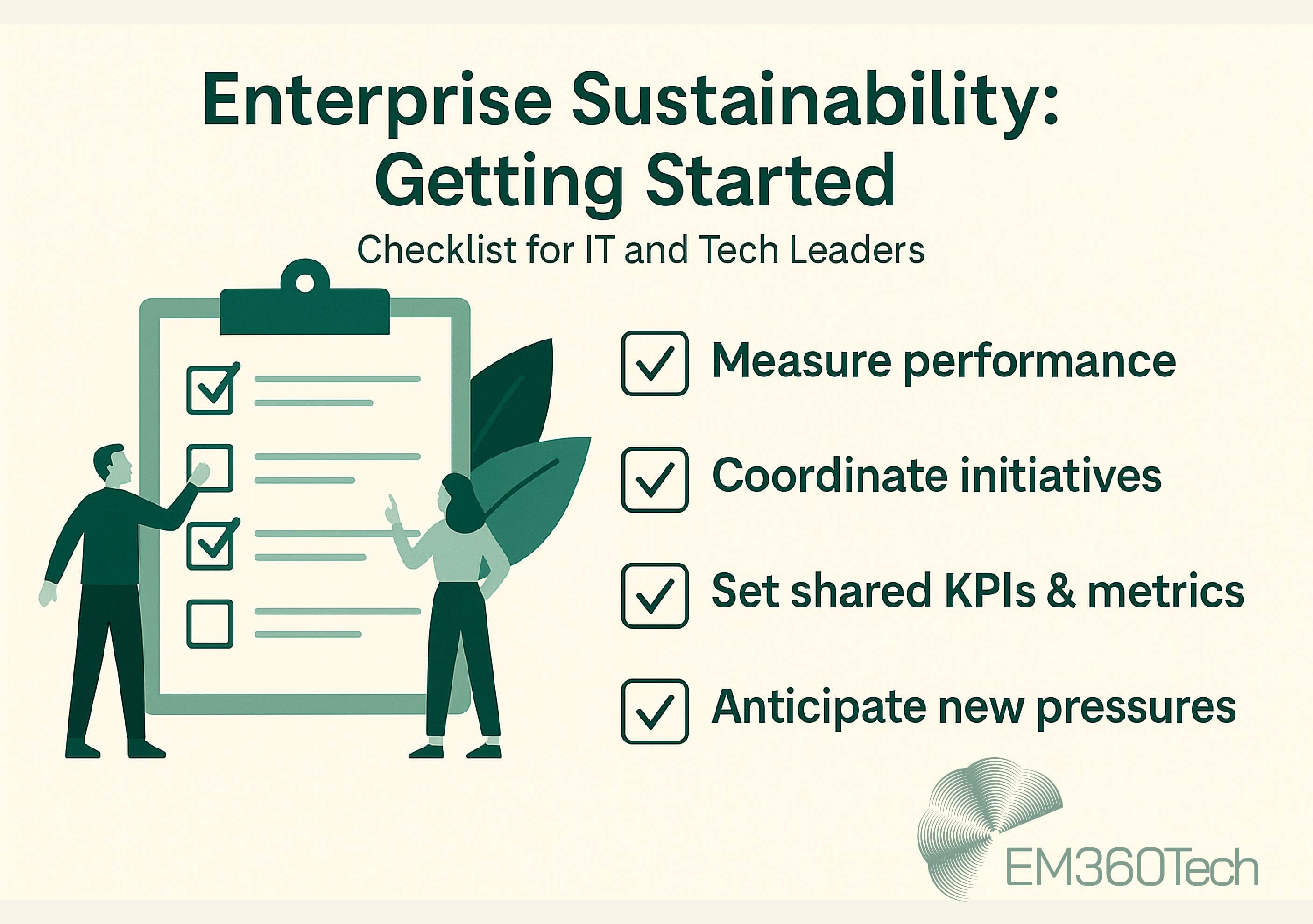 Infographic titled "Enterprise Sustainability: Getting Started &ndash; Checklist for IT and Tech Leaders" by EM360Tech. It features a clipboard illustration with two people interacting, and a checklist with four items: Measure performance, Coordinate initiatives, Set shared KPIs & metrics, and Anticipate new pressures. The EM360Tech logo appears in the bottom right corner.