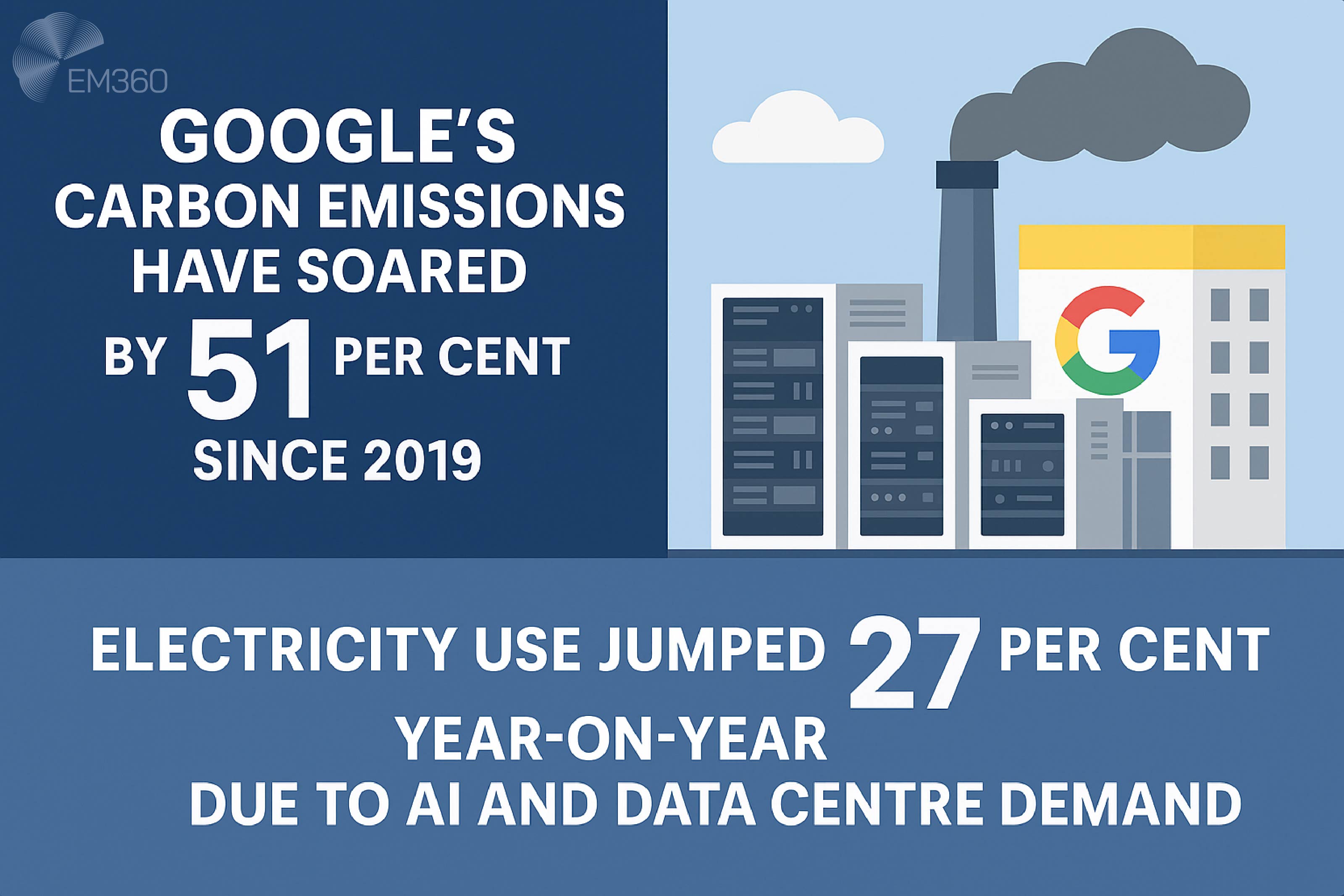 Infographic showing a stylised Google data centre with server racks, a smokestack, and the Google logo. Text reads: &ldquo;Google&rsquo;s carbon emissions have soared by 51 per cent since 2019. Electricity use jumped 27 per cent year-on-year due to AI and data centre demand.&rdquo;