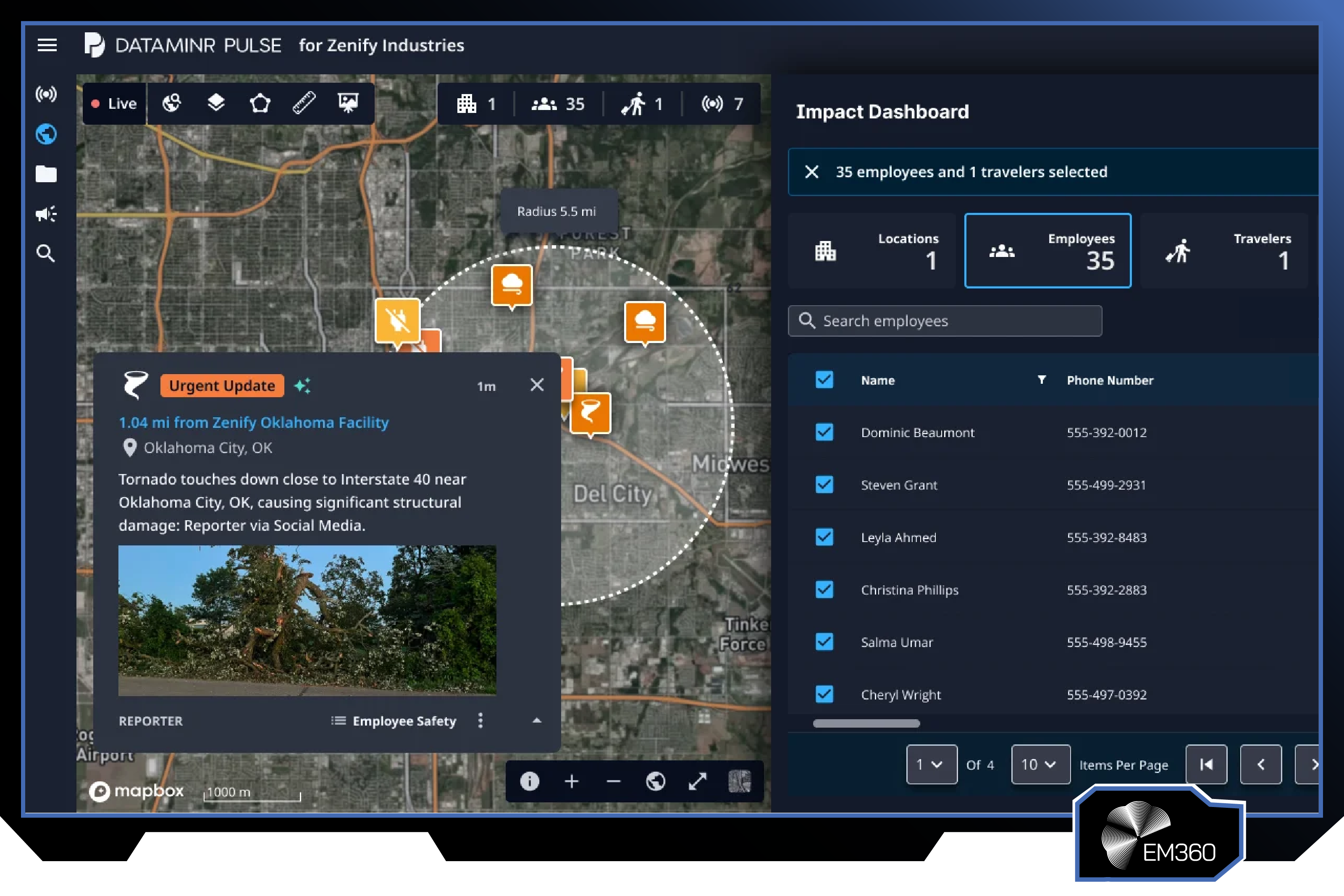 Screenshot of the Dataminr Pulse platform showing a live risk monitoring dashboard with a map of Oklahoma City, an urgent tornado alert near a company facility, affected employee counts, traveller tracking, and an impact assessment panel used for real-time operational risk monitoring.