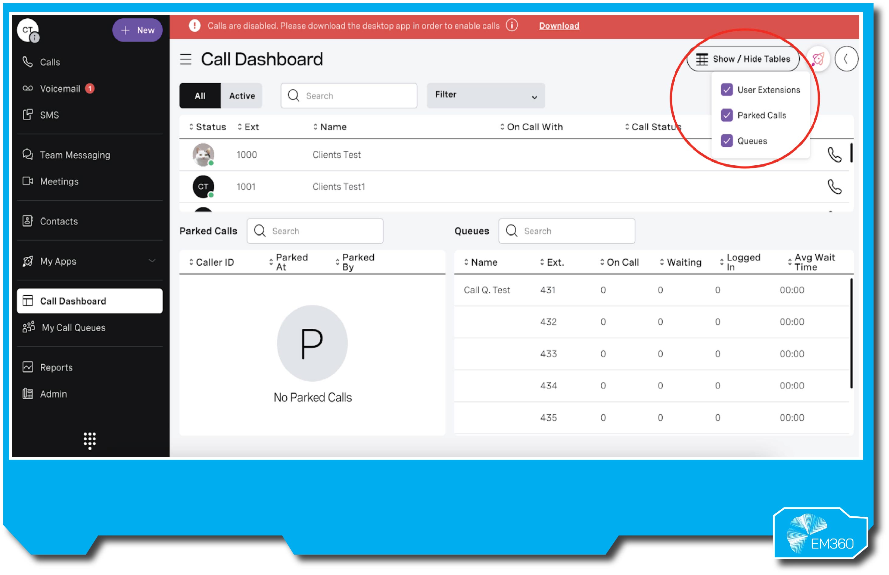 Screenshot of a Vonage&rsquo;s management dashboard showing active calls, parked calls, and queue performance metrics. The interface lists extensions, caller names, and call statuses, with a filter for viewing active or all calls. A side menu displays navigation options such as Calls, Voicemail, SMS, Team Messaging, Meetings, Contacts, and Reports. A red banner at the top alerts users that calls are disabled until the desktop app is downloaded. A dropdown menu in the upper right allows toggling visibility for user extensions, parked calls, and queues. The EM360 logo appears in the bottom right corner.