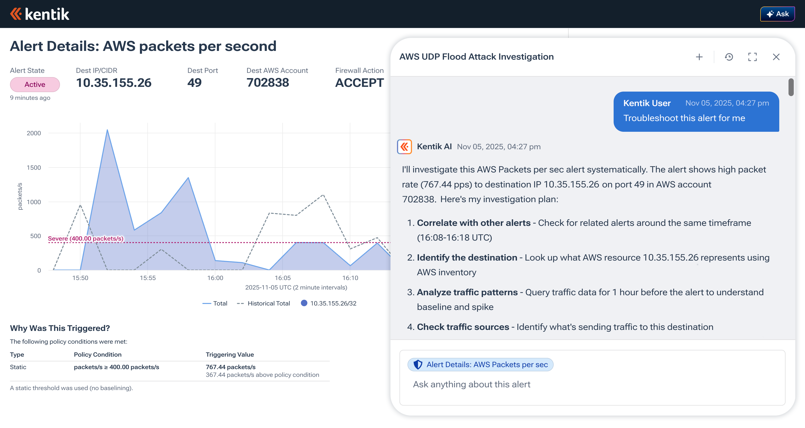 A Kentik interface showing an &ldquo;AWS packets per second&rdquo; alert with a traffic graph and a severe threshold line. On the right, Kentik&rsquo;s AI Advisor opens a troubleshooting chat, outlining a step-by-step investigation plan that includes correlating alerts, identifying the destination, analysing traffic patterns, and checking traffic sources.