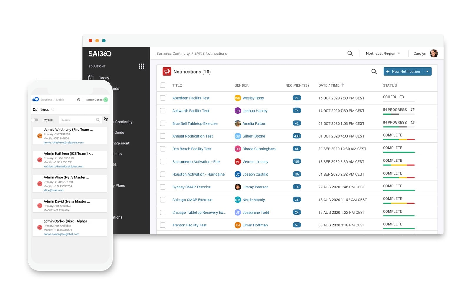 SAI360 business continuity software interface displayed on a laptop and smartphone. The laptop screen shows an EMNS Notifications dashboard listing multiple facility tests, activations, and exercises with details such as sender, recipients, dates, and statuses (scheduled, in progress, complete). The smartphone screen shows a call tree view with contact details for team members, including phone numbers and email addresses.