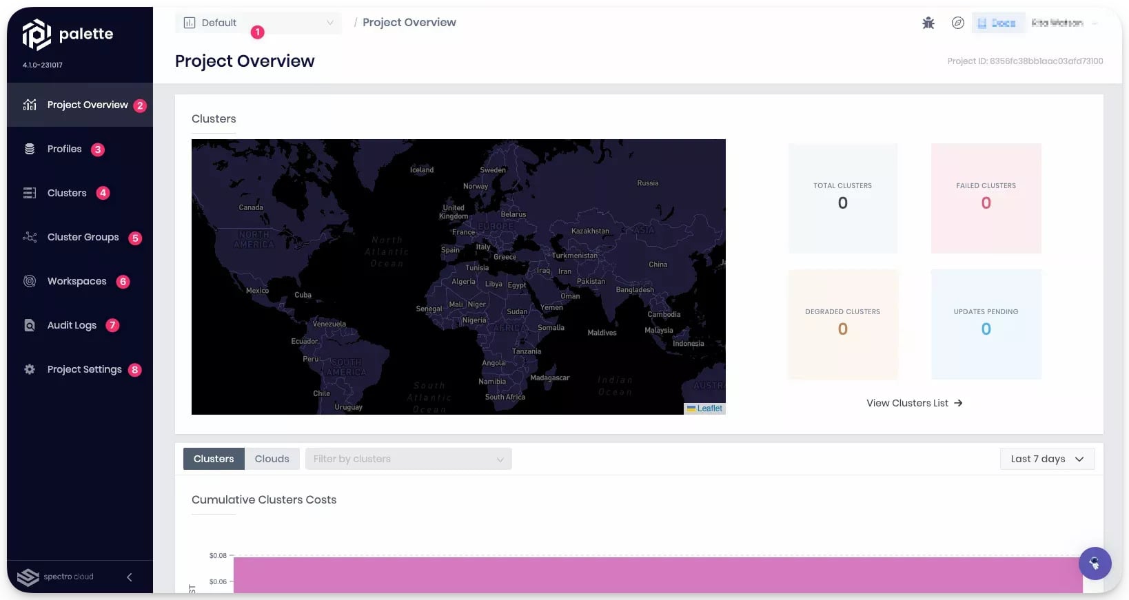 Screenshot of Spectro Cloud Palette dashboard showing the Project Overview. The main panel displays a world map for cluster locations and status metrics: total clusters, failed clusters, degraded clusters, and pending updates, all currently at zero. Sidebar navigation includes options for Profiles, Clusters, Cluster Groups, Workspaces, Audit Logs, and Project Settings.