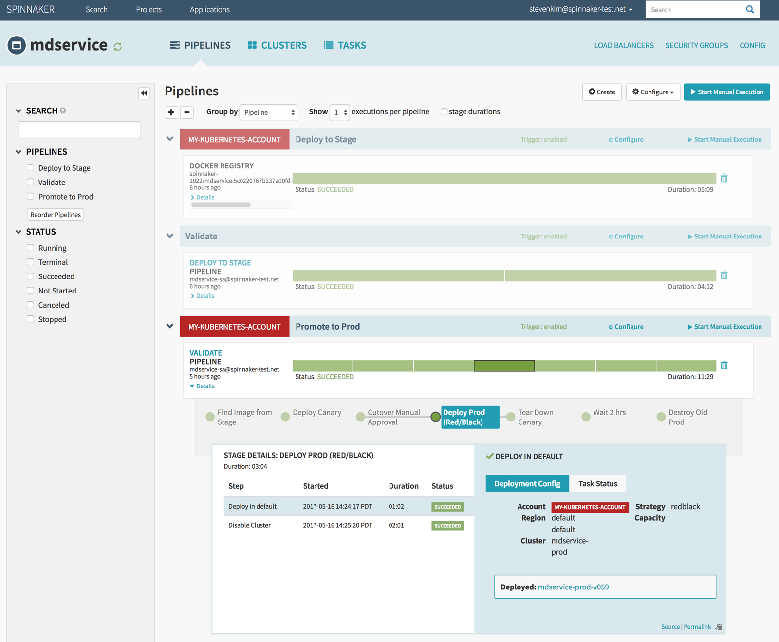 Screenshot of the Spinnaker CI/CD interface showing multiple pipeline stages, including 'Deploy to Stage' and 'Promote to ,' with visual status bars, manual approvals, and deployment details for a Kubernetes environment.