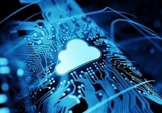 A cloud symbol on a circuit-board background