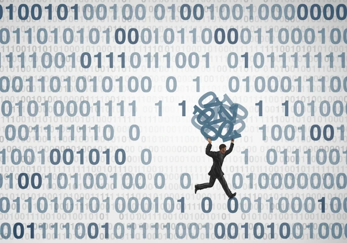 An animated person running through binary code.