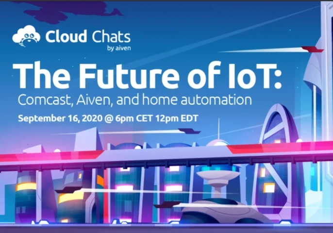 Futuristic image with the words "The Future of IoT" and the Cloud Chats by Aiven logo.