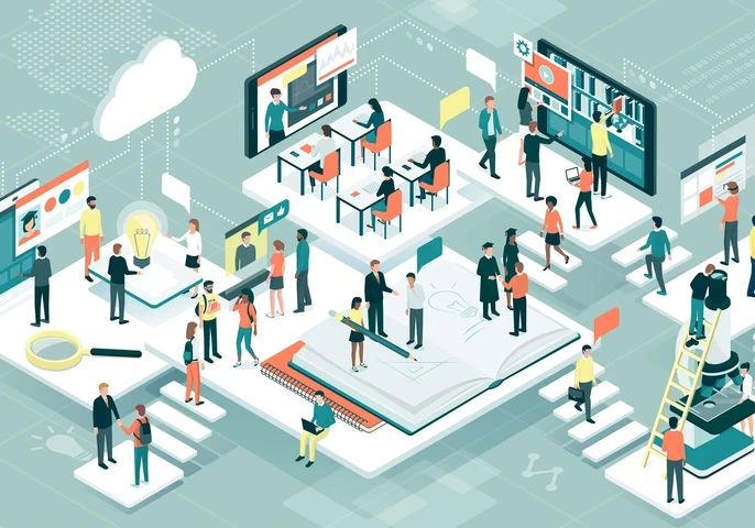 An animated depiction of interconnected data and systems in a workplace.