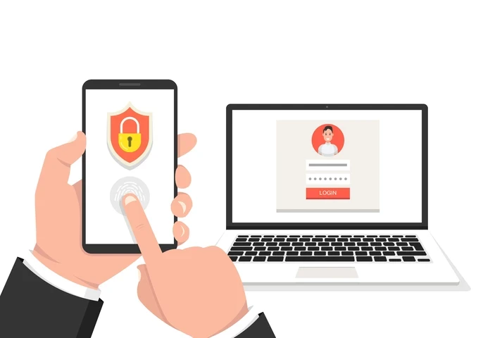 Animated hand giving a fingerprint on a smartphone with a laptop in front of them with a profile image, username and password image.