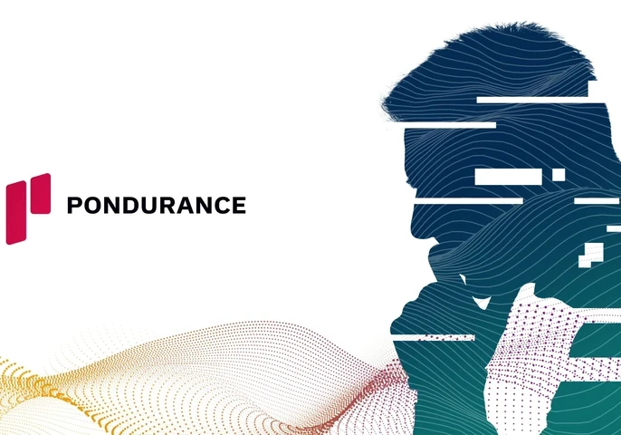 The Pondurance company logo with an animated person sitting in the corner pondering.