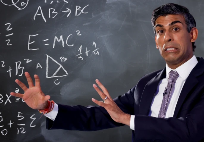 Rishi Sunak in front of a chalkboard with math formulas.