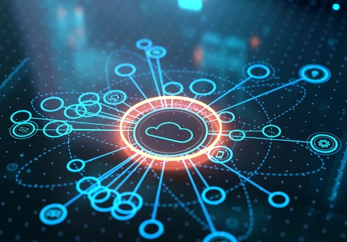 Cloud image surrounded by circles depicting a network.