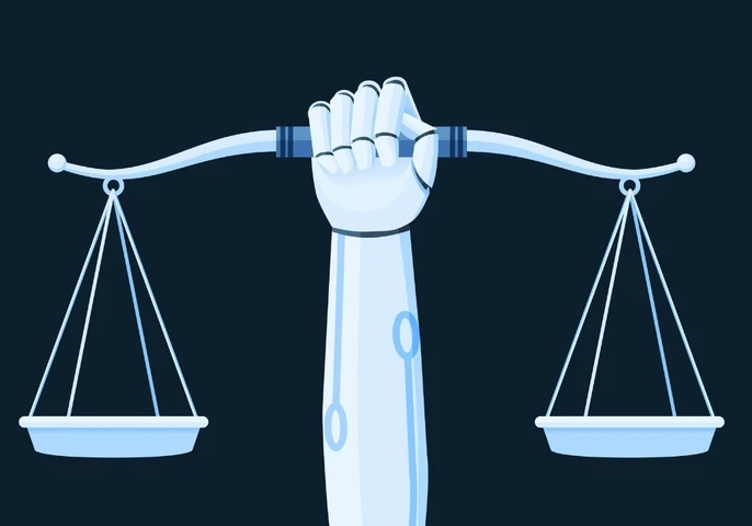 Robotic arm holding up scales.
