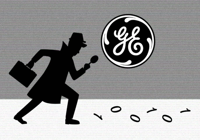 Animated spy following binary code with the General Electric logo in the background.