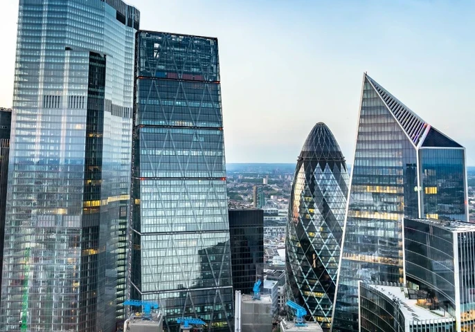 View of shiny London skyline on a clear afternoon.