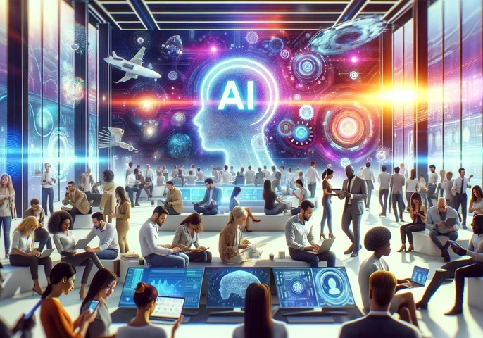 A silhouette of a human with the words "AI" projected on it with people in the foreground working on laptops.