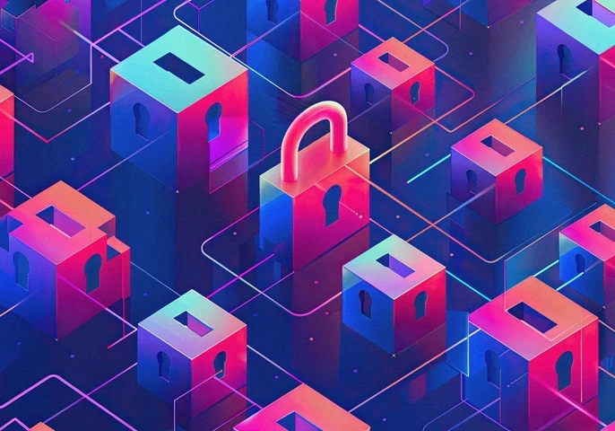 Pink and blue blocks in the form of locks on a grid.