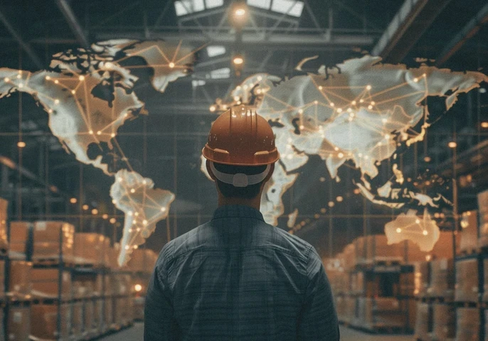 A person in a hardhat looking up at a virtual map of the world in a warehouse.