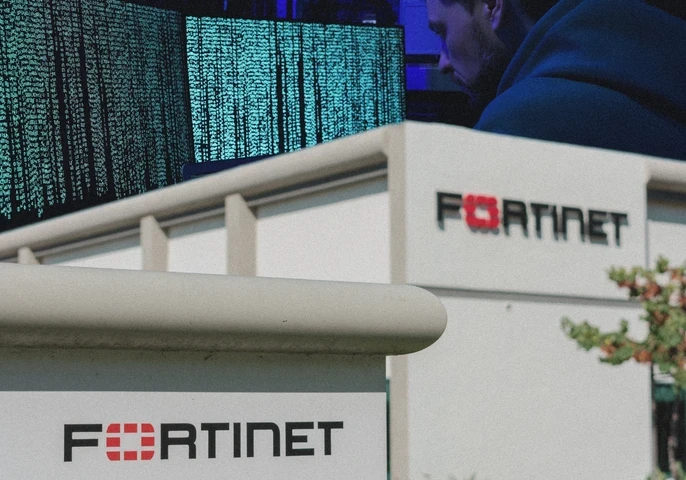 Image shows Fortinet office in the front and a cybercriminal hacking into systems in the background.
