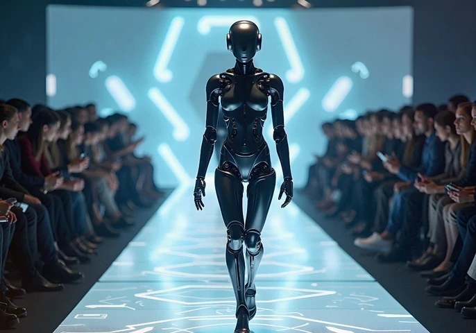 Robot "model" walking a runway while people look on.