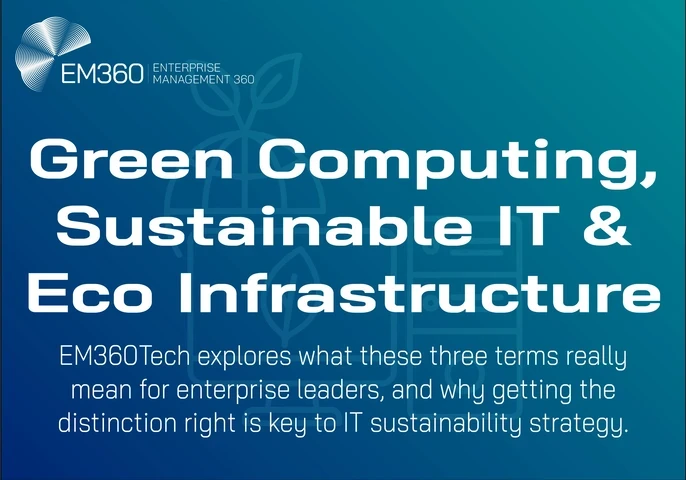 EM360Tech article header image with the title "Green Computing, Sustainable IT & Eco Infrastructure" on a blue gradient background. Subheading reads: "EM360Tech explores what these three terms really mean for enterprise leaders, and why getting the distinction right is key to IT sustainability strategy." Line art icons of a globe with leaves and a server are faintly visible in the background.