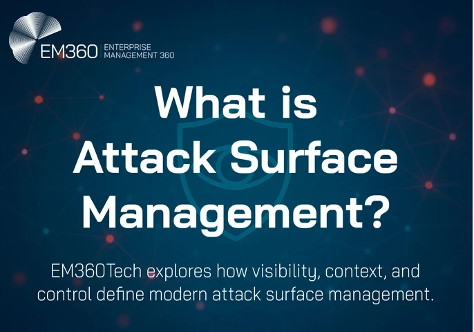 Header image for the article "What is Attack Surface Management?" featuring a digital shield icon and connected network nodes on a dark blue background. The EM360Tech logo appears in the top left corner, with the subtitle "EM360Tech explores how visibility, context, and control define modern attack surface management.