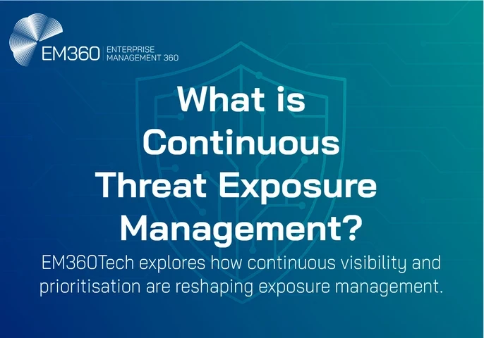Header image for EM360Tech article titled 'What is Continuous Threat Exposure Management?' featuring a blue gradient background with a digital circuit design, a faint outline of a shield icon, and bold white text. The subtitle reads: 'EM360Tech explores how continuous visibility and prioritisation are reshaping exposure management.