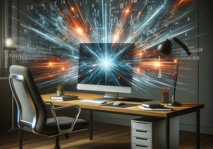 A computer screen on a desk with an explosion of code coming out of it.
