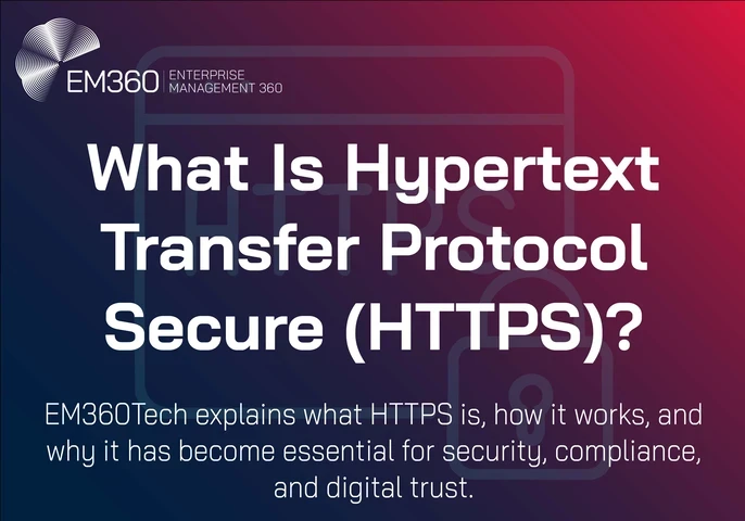 Promotional graphic with the EM360 logo and text: “What Is Hypertext Transfer Protocol Secure (HTTPS)? EM360Tech explains what HTTPS is, how it works, and why it has become essential for security, compliance, and digital trust.” Background features a gradient of dark blue to magenta with a faint browser and padlock outline.