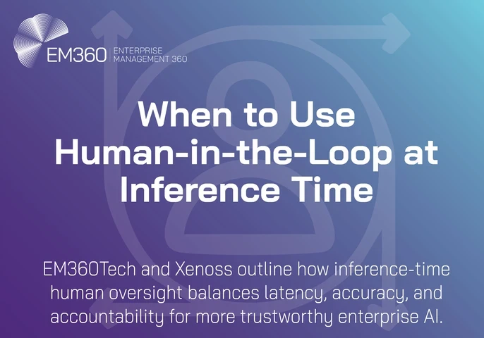Header image for an EM360Tech and Xenoss article titled “When to Use Human-in-the-Loop at Inference Time.” The background features a gradient of purple and blue with a subtle abstract icon of a person inside circular arrows, representing human oversight in AI systems. The text explains that EM360Tech and Xenoss explore how inference-time human oversight balances latency, accuracy, and accountability for trustworthy enterprise AI.