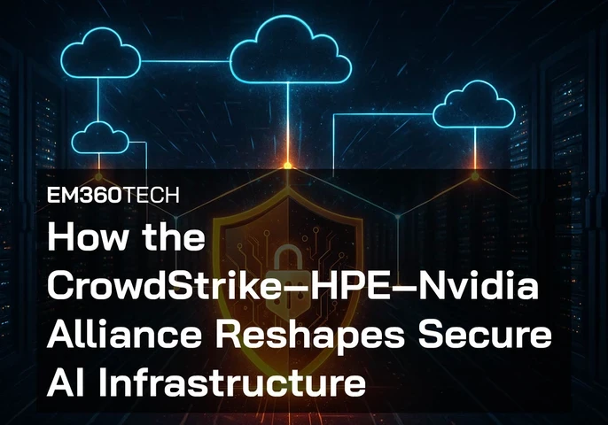 A dramatic digital illustration of a secure AI infrastructure scene with glowing cloud icons and a central orange shield inside a futuristic server room. The overlaid text reads: “How the CrowdStrike–HPE–Nvidia Alliance Reshapes Secure AI Infrastructure” with the EM360Tech label above it.