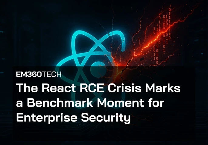 A dramatic digital illustration showing the React atom symbol glowing in blue as a red, lightning-like breach tears through it, with binary code and fractured energy effects highlighting the severity of the React RCE vulnerability. The background features dark server racks and circuitry to emphasise the enterprise security context.