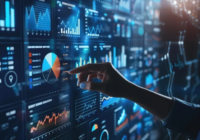 A hand pointing at a transparent screen displaying graphs.