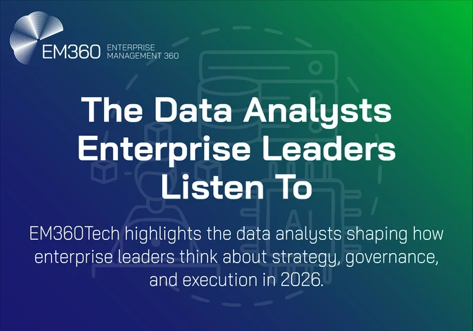 A blue-to-green gradient EM360Tech graphic featuring the EM360 logo and the headline “The Data Analysts Enterprise Leaders Listen To,” with supporting text stating that EM360Tech highlights data analysts shaping enterprise strategy, governance, and execution in 2026.