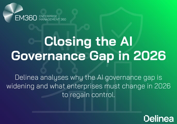 Header image for an EM360Tech article titled &ldquo;Closing the AI Governance Gap in 2026&rdquo;, featuring a green-to-deep purple gradient background with abstract AI circuitry, a security shield icon, and a rising bar chart, branded with Delinea and EM360Tech logos.