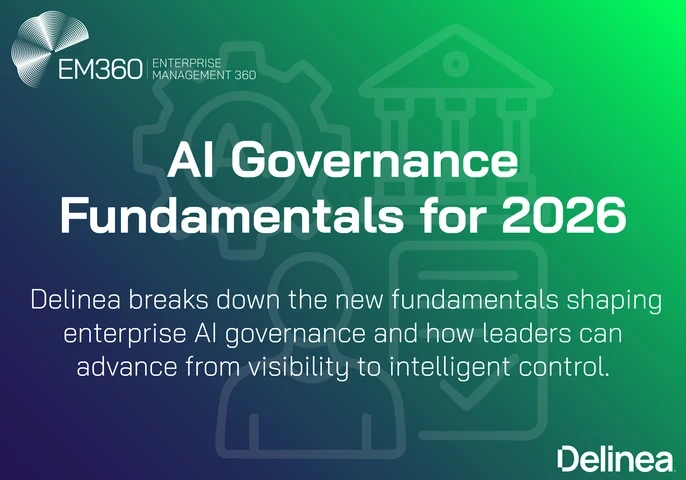 EM360Tech graphic titled &ldquo;AI Governance Fundamentals for 2026,&rdquo; featuring Delinea branding and text explaining how enterprises can move from AI visibility to intelligent control, set against a green and deep purple gradient with governance-themed icons.