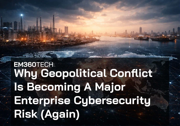 Header graphic showing a digital world map with network connections overlaid on global infrastructure including ports, ships, refineries, and a city skyline at sunset. Overlaid text reads: “EM360Tech – Why Geopolitical Conflict Is Becoming A Major Enterprise Cybersecurity Risk (Again)”.