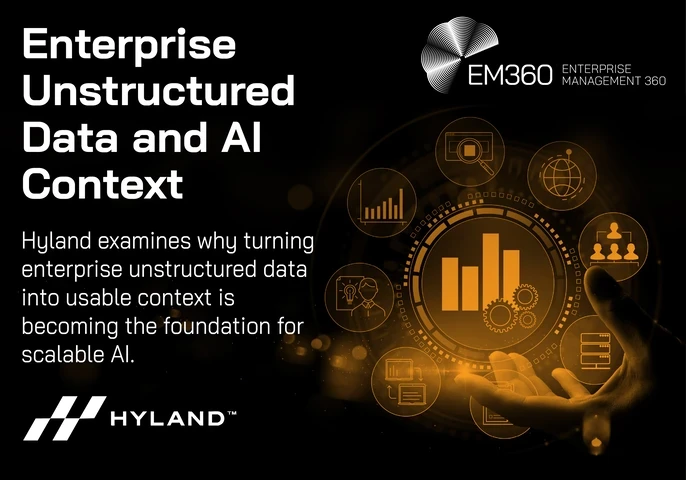 Header graphic showing a glowing orange digital dashboard interface with analytics icons, data charts, and enterprise technology symbols hovering above a hand. Overlaid text reads: “Enterprise Unstructured Data and AI Context.” Subtext states: “Hyland examines why turning enterprise unstructured data into usable context is becoming the foundation for scalable AI.” EM360 Enterprise Management 360 and Hyland logos appear on the graphic.