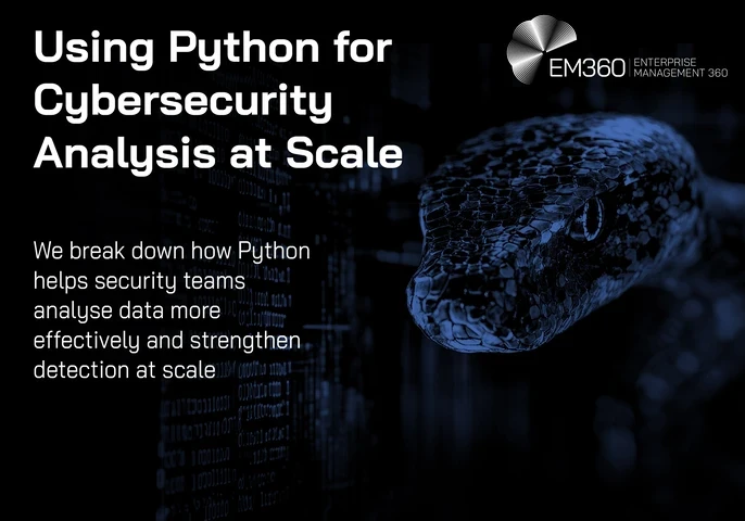 Header graphic for an EM360Tech article titled &ldquo;Using Python for Cybersecurity Analysis at Scale.&rdquo; The image shows a dark blue and black cybersecurity-themed background with lines of code and a close-up of a python snake on the right side. The EM360 Enterprise Management 360 logo appears in the top right corner, with subtitle text explaining how Python helps security teams analyse data more effectively and strengthen detection at scale.