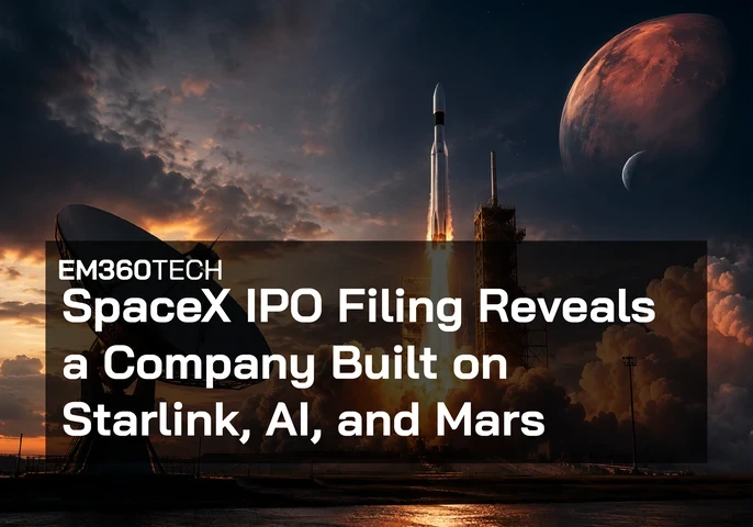 Space-themed EM360Tech header graphic showing a rocket launching from a spaceport at dusk, with flames and smoke illuminating the launch pad. A large satellite dish stands in the foreground, while a red planet resembling Mars and a smaller moon appear in the night sky. Overlaid text reads: “EM360TECH” and “SpaceX IPO Filing Reveals a Company Built on Starlink, AI, and Mars”. 
