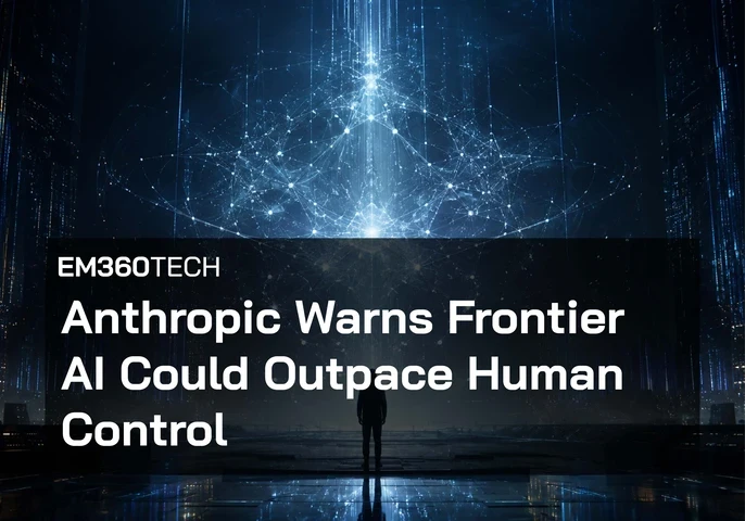 EM360Tech header graphic showing a lone human silhouette standing in a dark futuristic control room, facing a huge glowing blue AI network made of connected nodes, vertical light streams and data-like structures. The headline reads: &ldquo;Anthropic Warns Frontier AI Could Outpace Human Control.&rdquo;