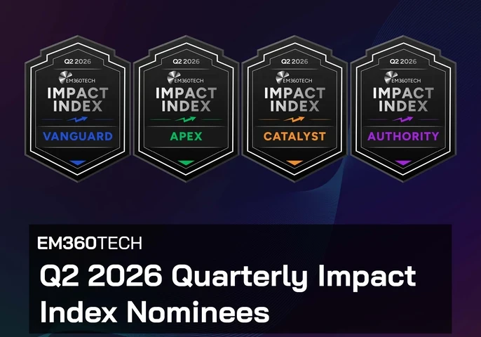EM360Tech Q2 2026 Quarterly Impact Index nominees announcement graphic featuring four award badges for Vanguard, Apex, Catalyst, and Authority. The badges appear across the top of a dark blue and purple gradient background, with each category highlighted in its own colour. Large white text at the bottom reads: "EM360TECH Q2 2026 Quarterly Impact Index Nominees".