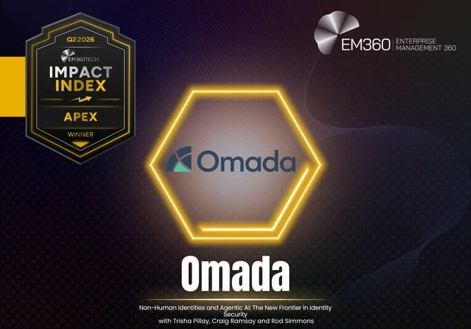 EM360Tech Impact Index Q2 2026 Apex Winner graphic featuring the Omada logo inside a glowing gold hexagon on a dark branded background. The left side displays the Q2 2026 Impact Index Apex Winner badge. Large text reads "Omada", with the subtitle: "Non-Human Identities and Agentic AI: The New Frontier in Identity Security with Trisha Pillay, Craig Ramsay and Rod Simmons." The EM360Tech logo appears in the top-right corner. 