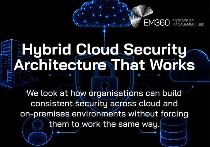 EM360Tech graphic titled “Hybrid Cloud Security Architecture That Works”, showing a blue cloud, shield and padlock connected to on-premises infrastructure, another cloud, a user and a database. Text reads: “We look at how organisations can build consistent security across cloud and on-premises environments without forcing them to work the same way.” 